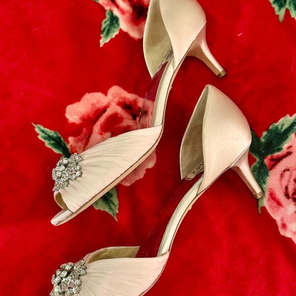 Badgley Mischka Sabine Light Pink Satin Crystal Bridal Wedding Heels Size 11 - Picture 13 of 16